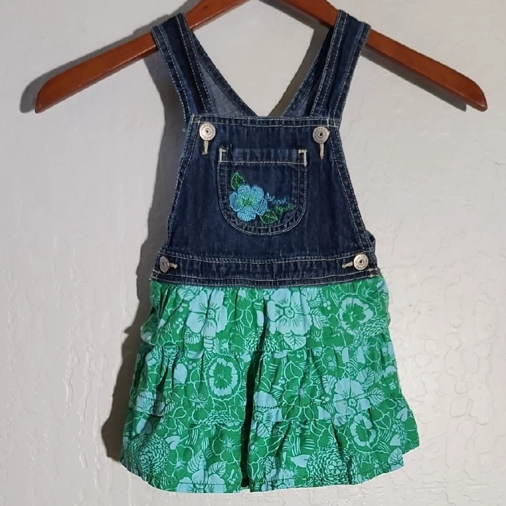 OSHKOSH Jean and  Green Floral Fabric Kids Overalls Dress 2T